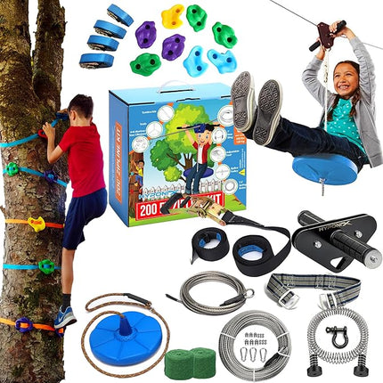 Zip Line Kit for Kids and Adults, 100/120/150/200 ft, Up to 350 Lbs, Removable Trolley, Rustproof Stainless Steel, Quick Setup with Ratchet, Safety Harness, Backyard Adventure Fun W/Climbing Holds