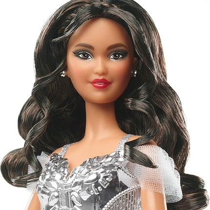 Barbie Signature 2021 Holiday Doll (12-inch, Brunette Hair) in Silver Gown, with Doll Stand and Certificate of Authenticity, Gift for 6 Year Olds and Up