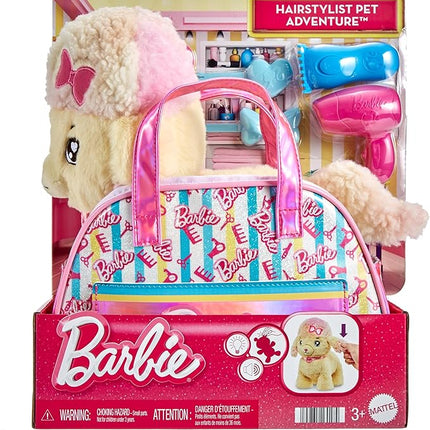 Mattel Barbie Plush Toy Playset, Hairdresser Poodle Stuffed Animal with Lights & Sounds, Plus Themed Purse & 6 Accessories, Salon Pet Adventure