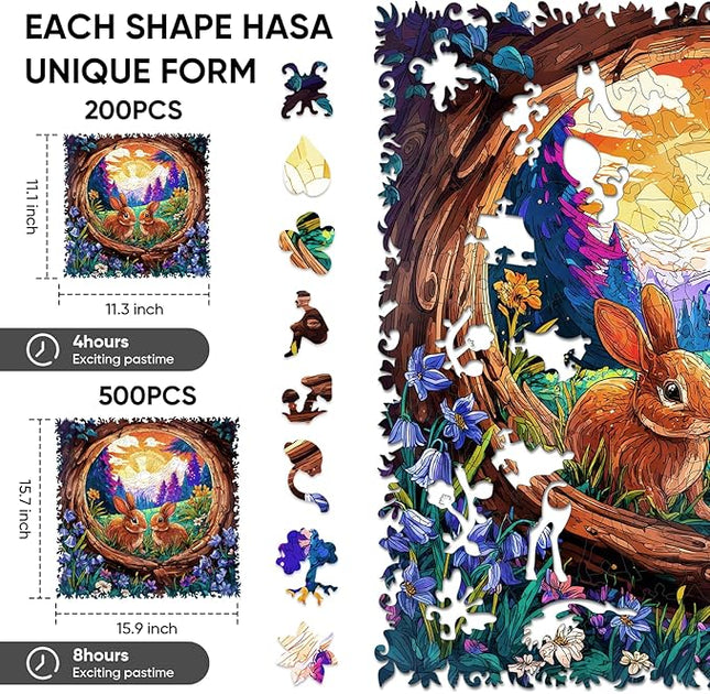 Wooden Puzzles for Adults 500 Pieces, Rabbit Sunrise Jigsaw Puzzles, Unique Design Adult Puzzles for Family Brain Game Gift,15.9x15.7 inch