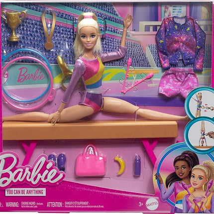 Barbie Gymnastics Doll & Accessories, Playset with Blonde Fashion Doll, C-Clip for Flipping Action, Balance Beam, Warm-Up Suit & More