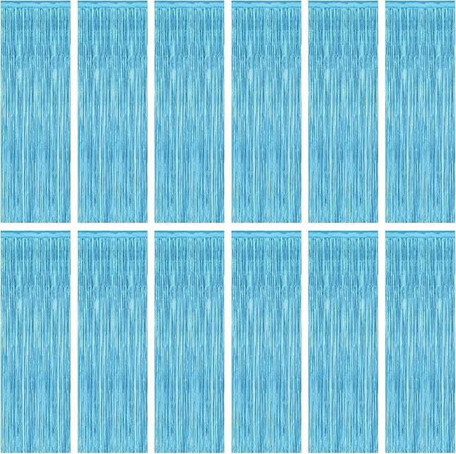 12 Pack Party Decorations, 3.28 FT x 7.05 FT Sky Blue Curtains, Metallic Party Streamers Photo Booth Backdrop Foil Fringe Curtains, Light Blue Winter Wonderland Backdrop Birthday Decor