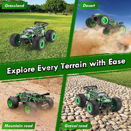 Remote Control Car, 1:18 Rc Cars, All-Terrain RC Truck with LED Light, 20KM/H, Rechargeable, 2WD, 2.4GHz, Sturdy PVC Shell, Remote Control Truck for Boys 4-7 8-12, Beginner (Green)