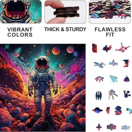 Wooden Jigsaw Puzzle for Adults - Challenging 300 Piece Puzzle with Cool Shapes - Astronaut Space Planet Puzzle Art - Paranormal Collection (Galactic Groove)