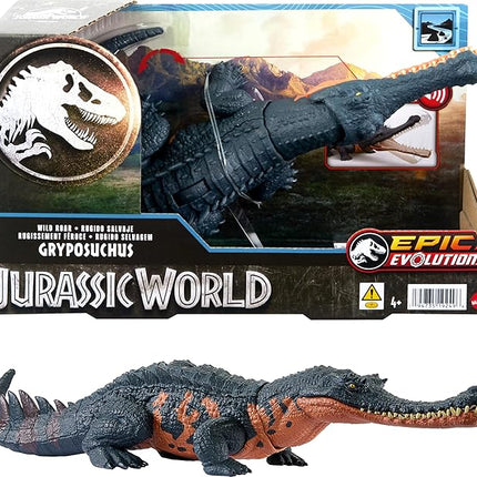 Mattel Jurassic World Wild Roar Dinosaur Toy with Sound & Attack Move, Gryposuchus Posable Action Figure Includes Digital Play, 11 inches Long