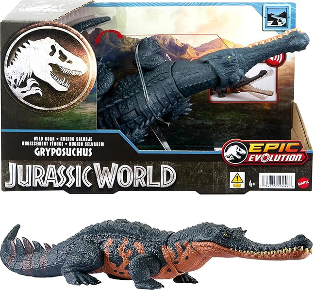 Mattel Jurassic World Wild Roar Dinosaur Toy with Sound & Attack Move, Gryposuchus Posable Action Figure Includes Digital Play, 11 inches Long