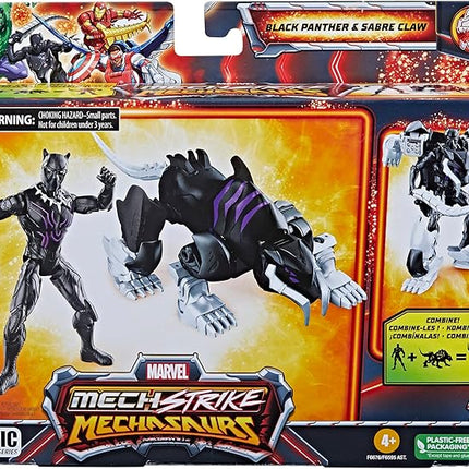 Marvel Mech Strike Mechasaurs, 4-Inch Black Panther with Sabre Claw Action Figures, Super Hero Toys for Kids Ages 4 and Up