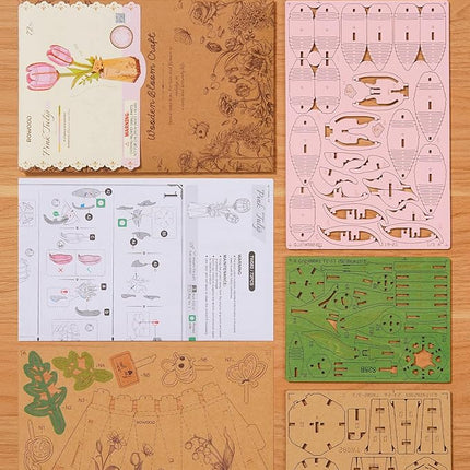 rowood Wooden Flower,3D Puzzles for Adults,Artifical Flower Botanical Collection Building Kit,Mother's Day/Valentine's Day Pink Tulip