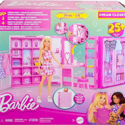 Barbie Dream Closet Toy Playset with Clothes & Accessories, 3-ft-Wide with 25+ Pieces, 4 Complete Fashion Looks