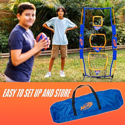 NERF Pro Pass Football Target Toss Net - Kids Football Passing Game Set - 5' x 2' Target Net with Ground Stakes + (1) Junior 8.5" Inch Ball Included - Indoor + Outdoor Youth Game