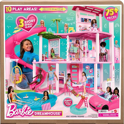 Barbie Dreamhouse, Pool Party Doll House with 75+ Pieces and 3-Story Slide, House Playset, Pet Elevator and Puppy Play Areas