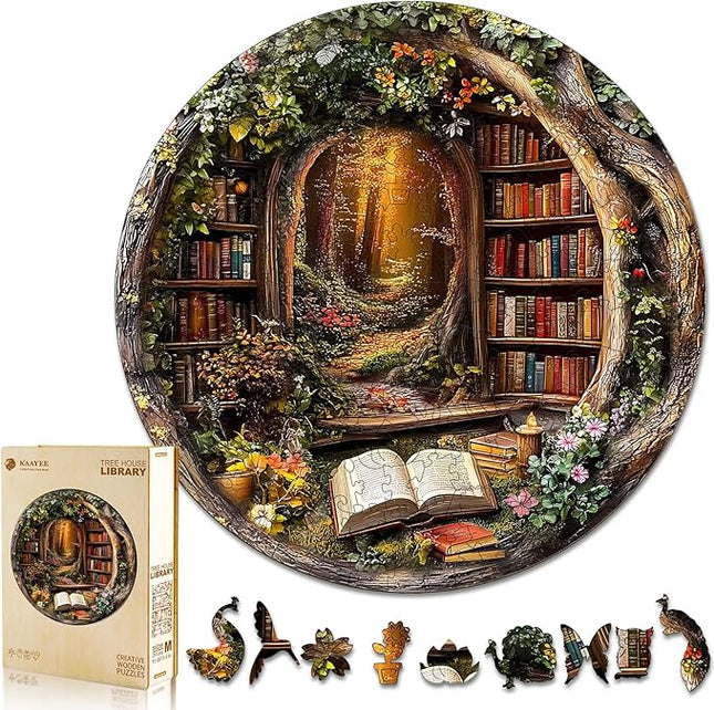 KAAYEE Wooden Puzzles for Adults, 3D Visual Effect Tree House Library Wooden Jigsaw Puzzle Unique Shape Wood Puzzle Adult, 3D Effect Flat Puzzle Birthday Family Games (L-13.4 * 13.4 in-295pcs)