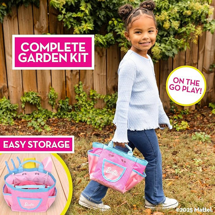 Barbie Garden Set – Real Gardening Tools for Kids with Watering Can, Metal Tools, Flower Pot and Storage Bag – Pink Tool Playset for Outdoors, 6 Pieces
