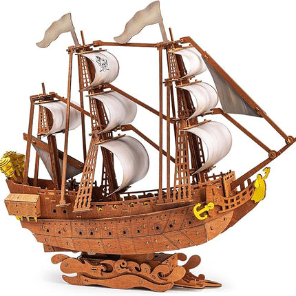 SYNARRY Wooden 3D Puzzles for Adults Teens, LED Pirate Ship Home Decor Gifts for Men Women Model Kits Brain Teaser Wooden Puzzles for Adults Teacher Gifts, Queen Anne's Revenge 378 Pcs