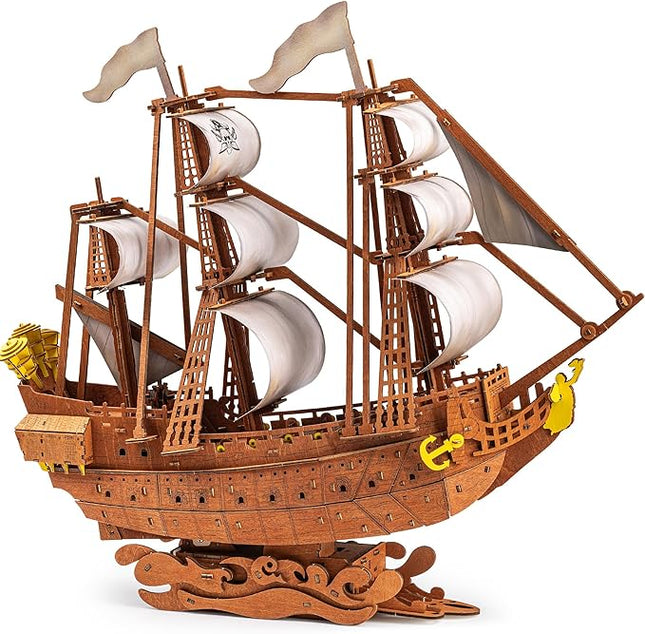 SYNARRY Wooden 3D Puzzles for Adults Teens, LED Pirate Ship Home Decor Gifts for Men Women Model Kits Brain Teaser Wooden Puzzles for Adults Teacher Gifts, Queen Anne's Revenge 378 Pcs