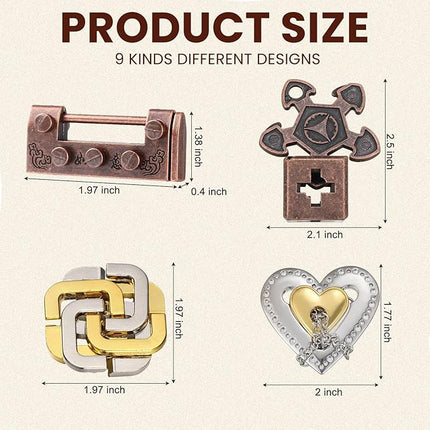 Wettarn 9 Pcs Metal Brain Teaser Puzzles Teaser 3D Steel Puzzle for Adults Unlock Interlocking Games IQ Education Smart Logic Test Toys for Adults Mind Challenge(Novelty Style)