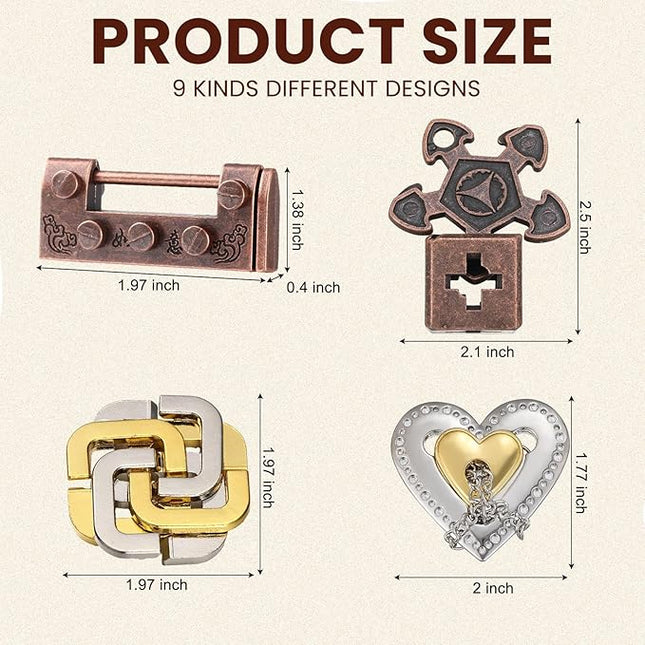 Wettarn 9 Pcs Metal Brain Teaser Puzzles Teaser 3D Steel Puzzle for Adults Unlock Interlocking Games IQ Education Smart Logic Test Toys for Adults Mind Challenge(Novelty Style)