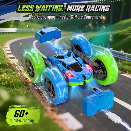 Upgraded RC Car for Kids, 360° Rotating Double Sided Stunt Vehicle with Headlights, 2.4GHz 4WD Remote Control Car, USB-C Rechargeable Electric Toy for Boys & Girls (Blue-Green)