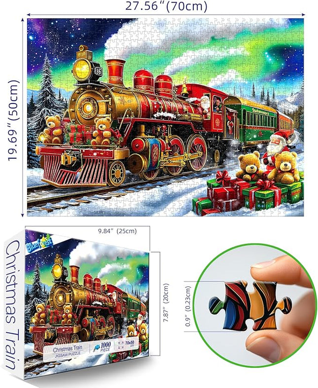 Blueforest Christmas Train Puzzles for Adults 1000 Pieces - 27.5x19.7 Inches Holiday Train Scene with Aurora & Santa Jigsaw Puzzle, Challenging Art Puzzle Home Decor