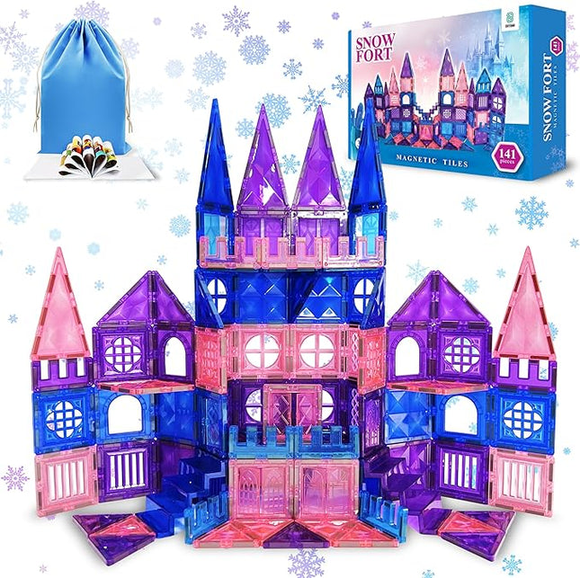 Magnetic Tiles 141 pcs 3D Diamond Building Blocks, STEM Educational for Kids, Perfect for Pretend Play, Birthday Gifts for 3-8 Year Old Girls and Boys, Free Bag Included (141 Pieces)
