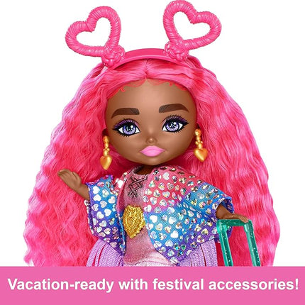 Barbie Extra Fly Minis Travel Doll, Desert Festival Look with Magenta Hair in Fringe Jacket, Dress & Accessories, 5.5-inch