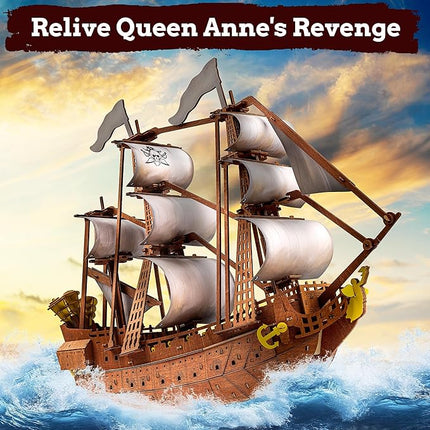 SYNARRY Wooden 3D Puzzles for Adults Teens, LED Pirate Ship Home Decor Gifts for Men Women Model Kits Brain Teaser Wooden Puzzles for Adults Teacher Gifts, Queen Anne's Revenge 378 Pcs