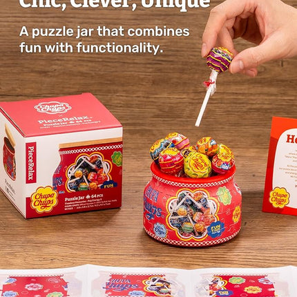 Chupa Chups X PieceRelax 3D Puzzle Jar 64 Plastic Pieces for Adults - Timeless Memories - Pop Energy S Wooden Lid Container for Kitchen Dining Study Living Room No Glue Requied Small [BC1023]