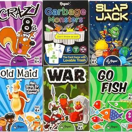 Regal Games Card Games for Kids - Go Fish, Crazy 8's, Old Maid, Slap Jack, Garbage Monster, War - Simple & Fun Classic Family Table Games - Games May Vary (6 Set)
