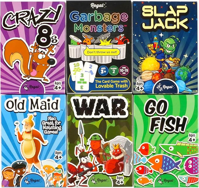 Regal Games Card Games for Kids - Go Fish, Crazy 8's, Old Maid, Slap Jack, Garbage Monster, War - Simple & Fun Classic Family Table Games - Games May Vary (6 Set)