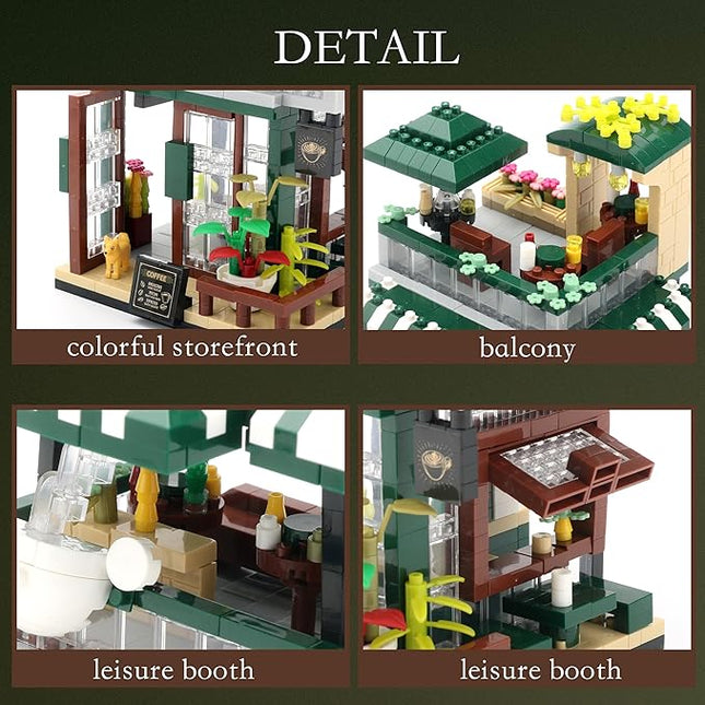 Street View Mini Building Blocks Coffee House Shop Store Building Kit Simulation Construction Educational Creative Gift for Adults（1025 pcs）