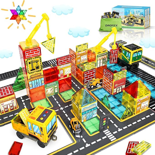 60pc Magnetic Tiles Road Set with 2 Cranes, Creative Construction Toys for Kids Ages 3-12, Boys & Girls, Dentist & Engineering Themed Building Blocks