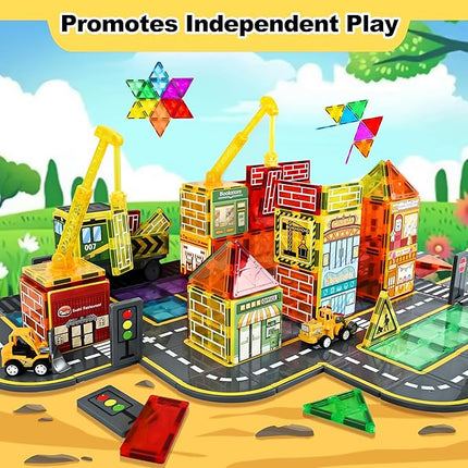 60pc Magnetic Tiles Road Set with 2 Cranes, Creative Construction Toys for Kids Ages 3-12, Boys & Girls, Dentist & Engineering Themed Building Blocks