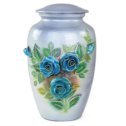 11" 3D Carved Decorative Flowers Aluminum Metal Cremation Urns for Human Ashes | Hand-Crafted Large Urn for Adult Cremation (Silver Roses)