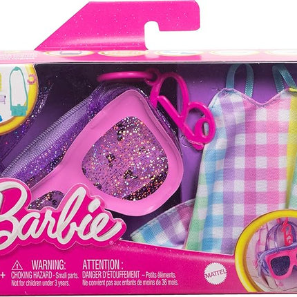 Barbie Clothes & Accessories, Deluxe Sunglasses-Shaped Bag with Keychain, Multicolor Gingham Dress & Summery Accessories for Fashion Dolls
