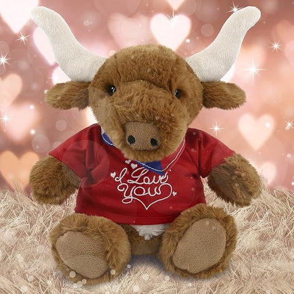 DolliBu I Love You Valentine Texas Longhorn - Cute Stuffed Animal with Red Shirt and Name Personalization Gift for Valentines Day, Birthday, Anniversary, Romantic Date - 9 Inches