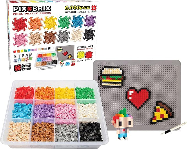 Pix Brix Pixel Art kit Puzzle Bricks - 6,000 Piece Pixel Art Container, 12 Color Medium Palette - Interlocking Building Bricks, Create 2D and 3D Builds Without Water or Glue - Stem Toys, Ages 6 Plus