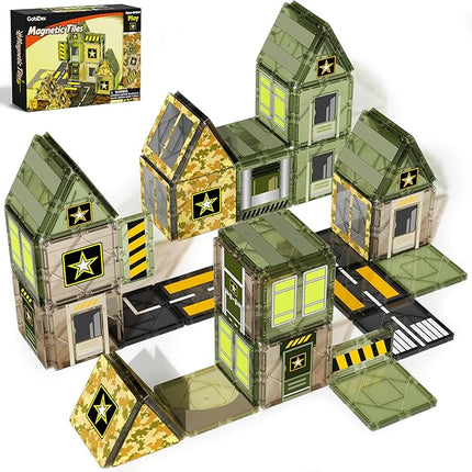 GobiDex Army Magnetic Tiles Road Set Building Toys for Boys 3+ Year Old, STEM Military Magnetic Blocks for Toddlers Construction Toys, Sensory Magnets for Kids Birthday Gifts Boys & Girls 48PCS