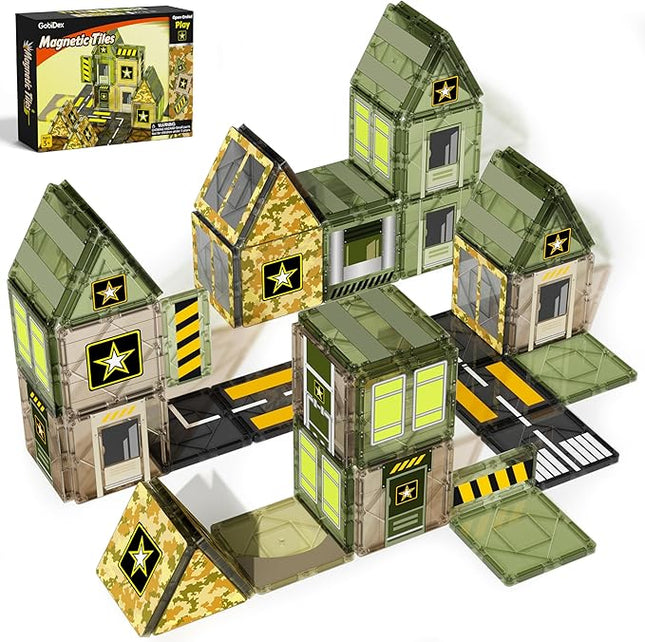 GobiDex Army Magnetic Tiles Road Set Building Toys for Boys 3+ Year Old, STEM Military Magnetic Blocks for Toddlers Construction Toys, Sensory Magnets for Kids Birthday Gifts Boys & Girls 48PCS