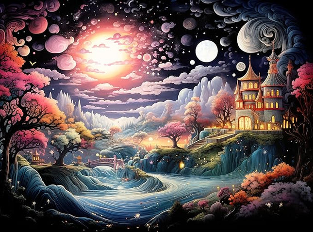 1000 Piece Jigsaw Puzzle for Adults - Colorful Magic River Mansion - Challenging Puzzle Perfect for Game Nights - Unique Wall Art - 20x27 inches (Twilight Enchantment)
