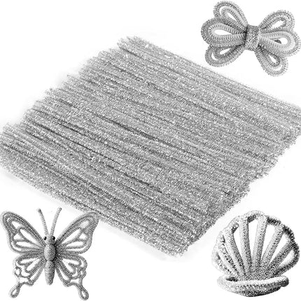 Caydo 200 Pieces Glitter Silver Pipe Cleaners, Thick Fluffy Chenille Stems, Pipe Cleaner Crafts for Arts & Crafts, Perfect for Making Animals, Flowers, and Festive Decorations