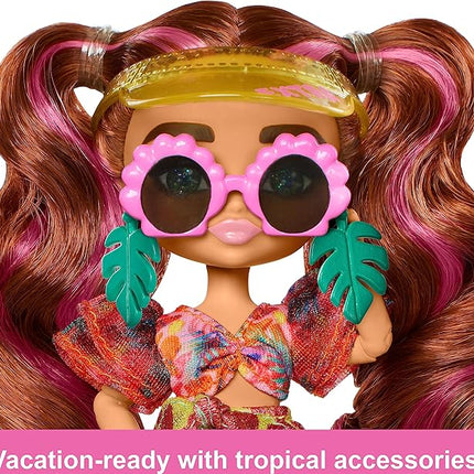 Barbie Extra Fly Minis Travel Doll, Beach Look with Pink-Streaked Pigtails in Swimsuit, Sarong & Accessories