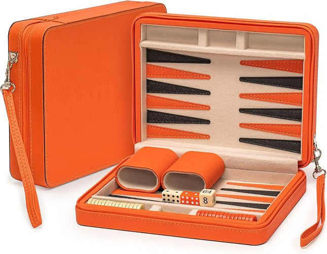 Yellow Mountain Imports Travel Size Backgammon Mini Game Set, Alanya - Magnetic Checkers and 9-inch Board in Sleek Leatherette Case - Classic Strategy Board Game