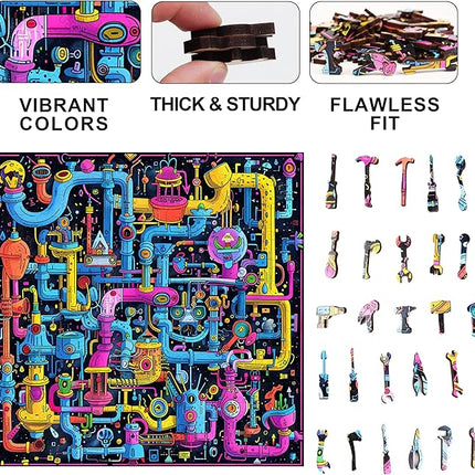 Wooden Jigsaw Puzzle for Adults - Challenging 300 Piece Puzzle with Cool Shapes - Mind Bending Brain Teaser Collection (Sci-Fi Sewer)