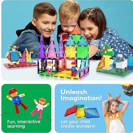 PicassoTiles 63pc Magnetic Tile Building Block Set with 2 Character Figures STEM 3D Construction Educational Toy for Kid Toddlers Boys Girls Age 3 Plus Montessori Learning Playset Creativity Kit PTL63