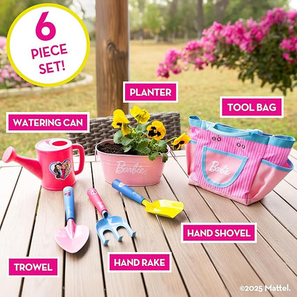 Barbie Garden Set – Real Gardening Tools for Kids with Watering Can, Metal Tools, Flower Pot and Storage Bag – Pink Tool Playset for Outdoors, 6 Pieces