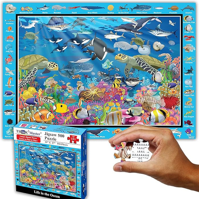 Think2Master Colorful Ocean Life 500 Pieces Large Format Jigsaw Puzzle for Kids 12+, Teens, Adults & Families. Great Gift for stimulating Learning About Coral Reefs. Size: 26.8” X 18.9”