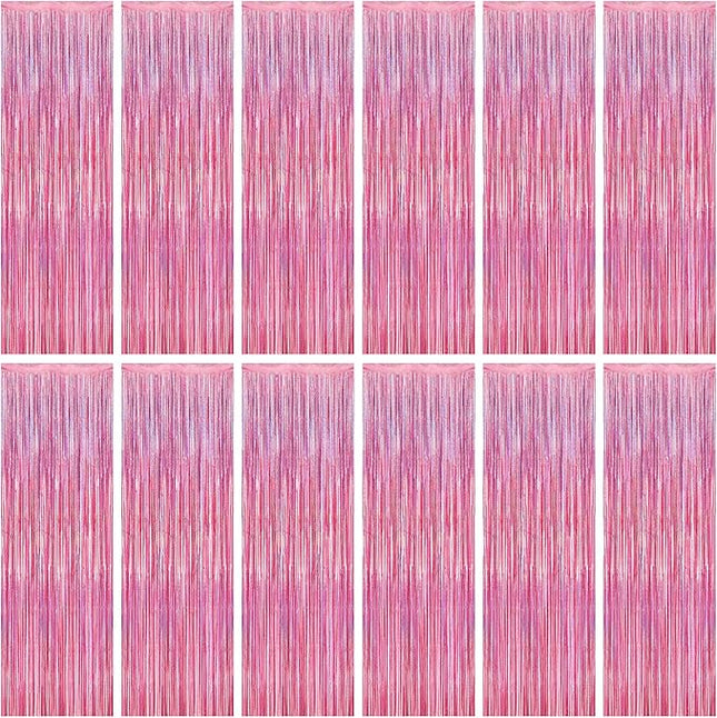 12 Pack Pink Backdrop, 3.28 FT x 7.05 FT Foil Streamers, Metallic Glitter Backdrop Pink Tinsel Fringe Curtains Party Streamers, Pink Birthday Valentines Day Party Decorations Photo Booth Props