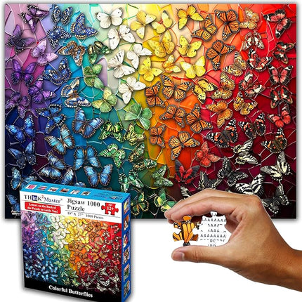 Think2Master Colorful Rainbow of Butterflies & Stained Glass 1000 Pieces Large Format Jigsaw Puzzle for Kids 12+, Teens, Adults & Families. Beautiful Vibrant Illustration Artwork Size: 26.8” X 18.9”