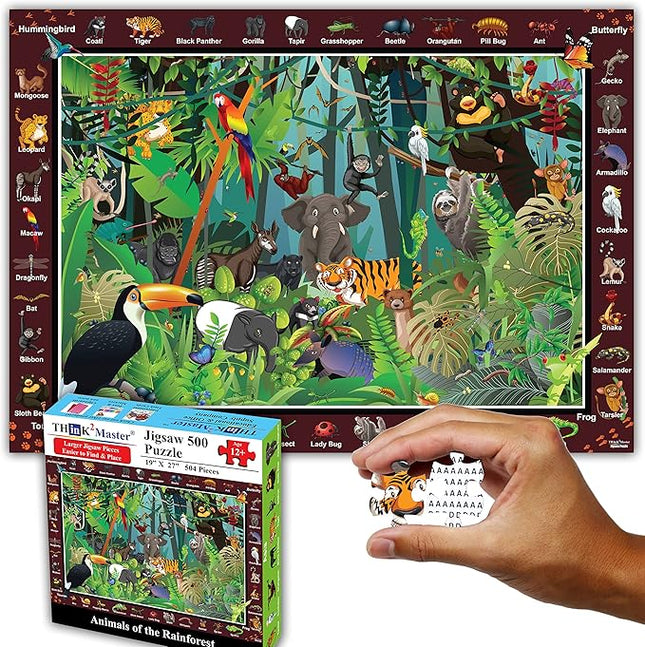 Think2Master Colorful Rainforest Jungle Zoo Animals 500 pieces Large Format Jigsaw Puzzle for kids 12+, teens, adults & families. Great gift for stimulating learning about animals. Size: 26.8” X 18.9”