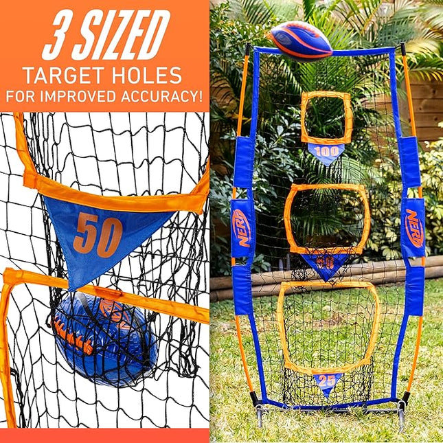 NERF Pro Pass Football Target Toss Net - Kids Football Passing Game Set - 5' x 2' Target Net with Ground Stakes + (1) Junior 8.5" Inch Ball Included - Indoor + Outdoor Youth Game